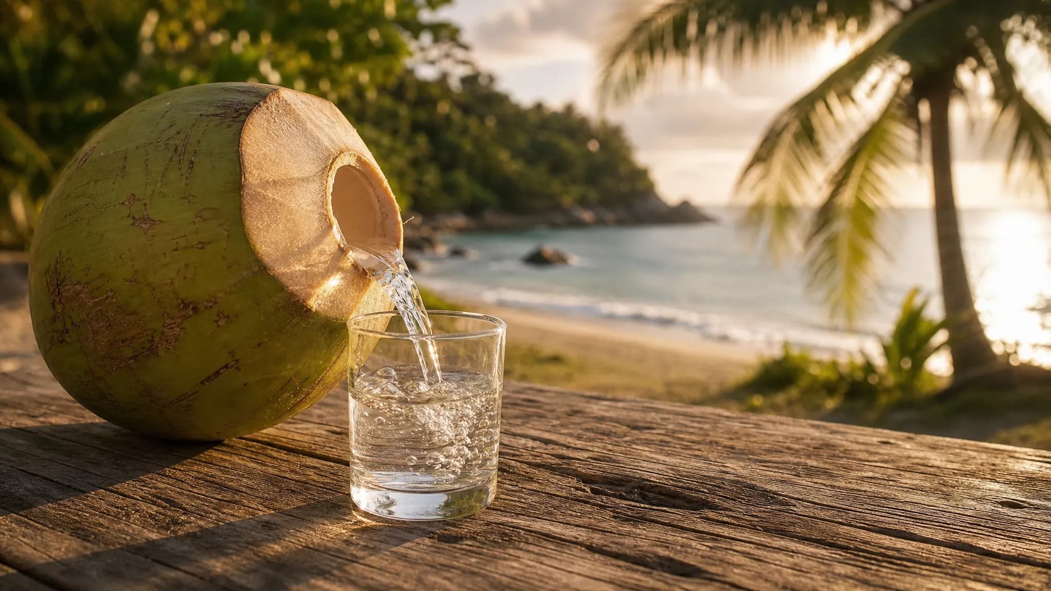 Fresh coconut water poured by the sea