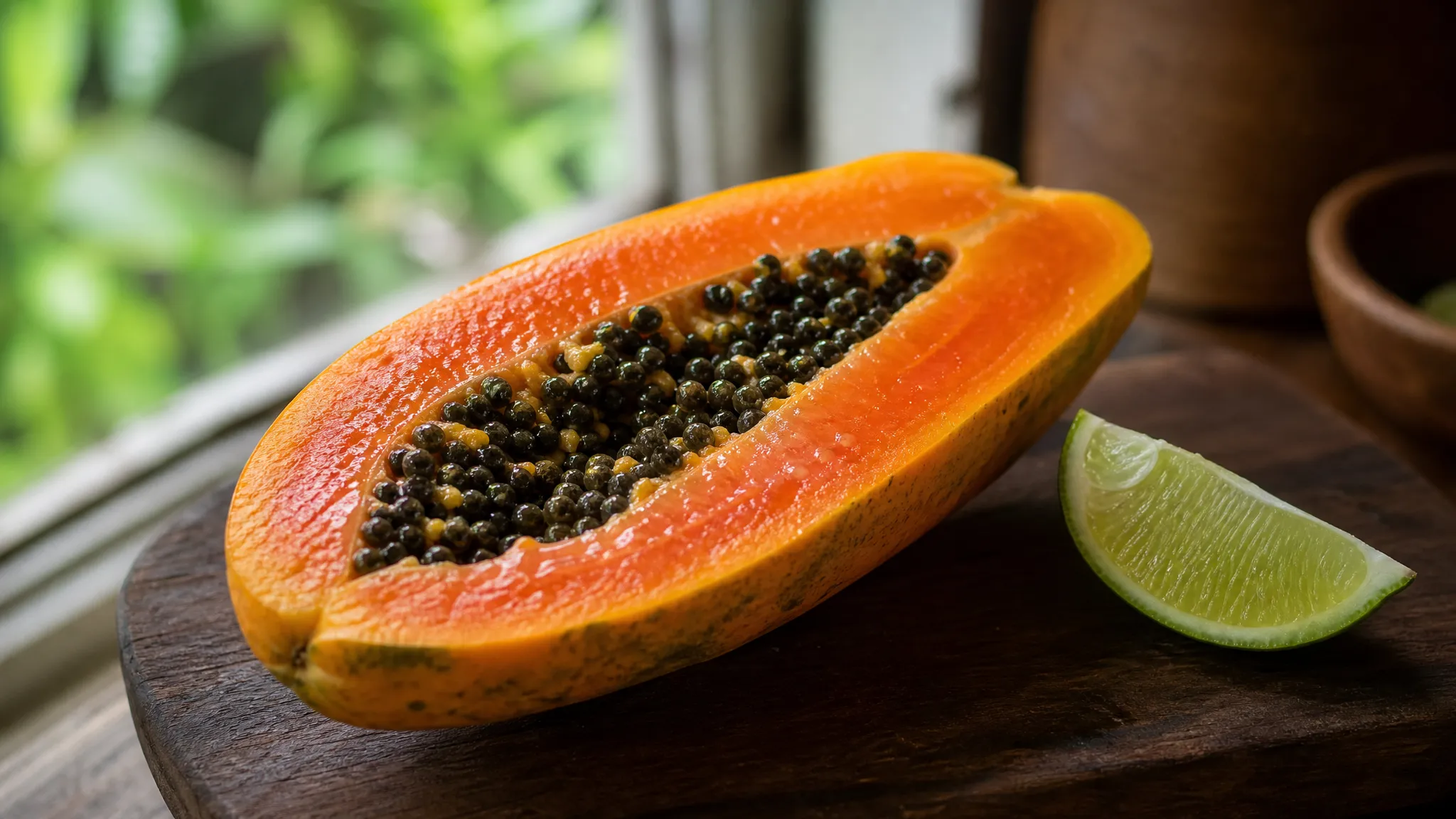 A ripe papaya, halved